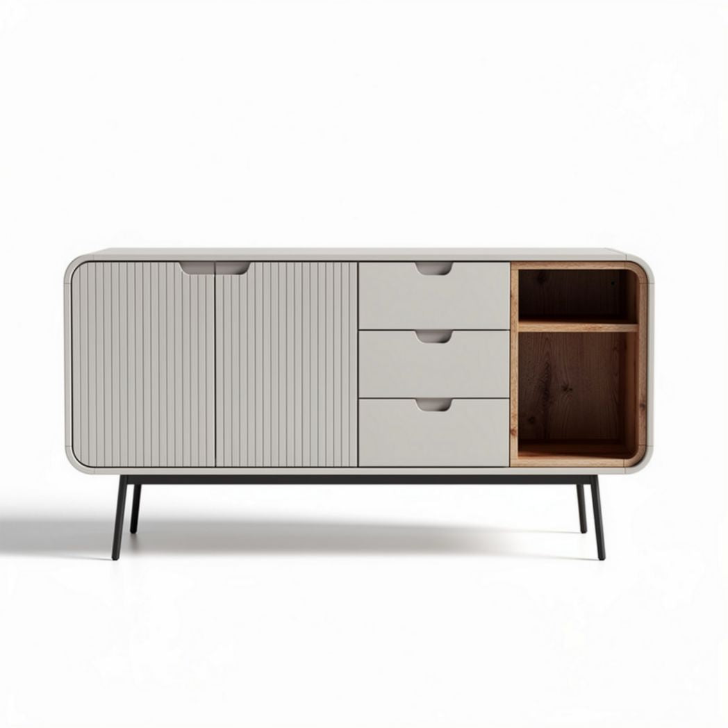 Wooden sideboard with three drawers and open shelf in gray finish 120 x 40 x 75cm