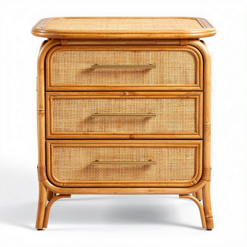 Rattan bedside table with three drawers and natural finish 45 x 40 x 60cm