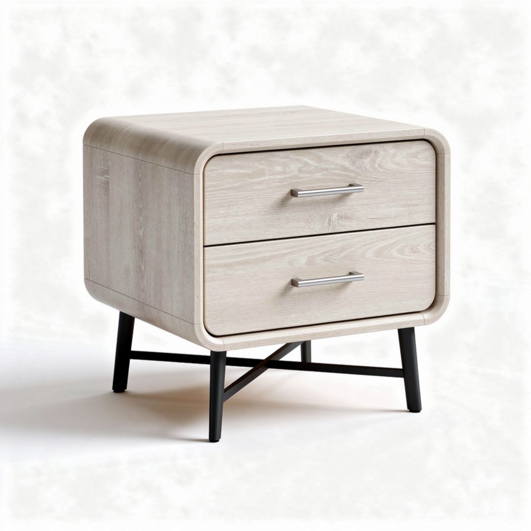Wooden nightstand with two drawers and black metal legs 55 x 45 x 50cm