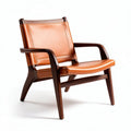 Leather mid-century modern lounge chair with walnut frame and tan cushion