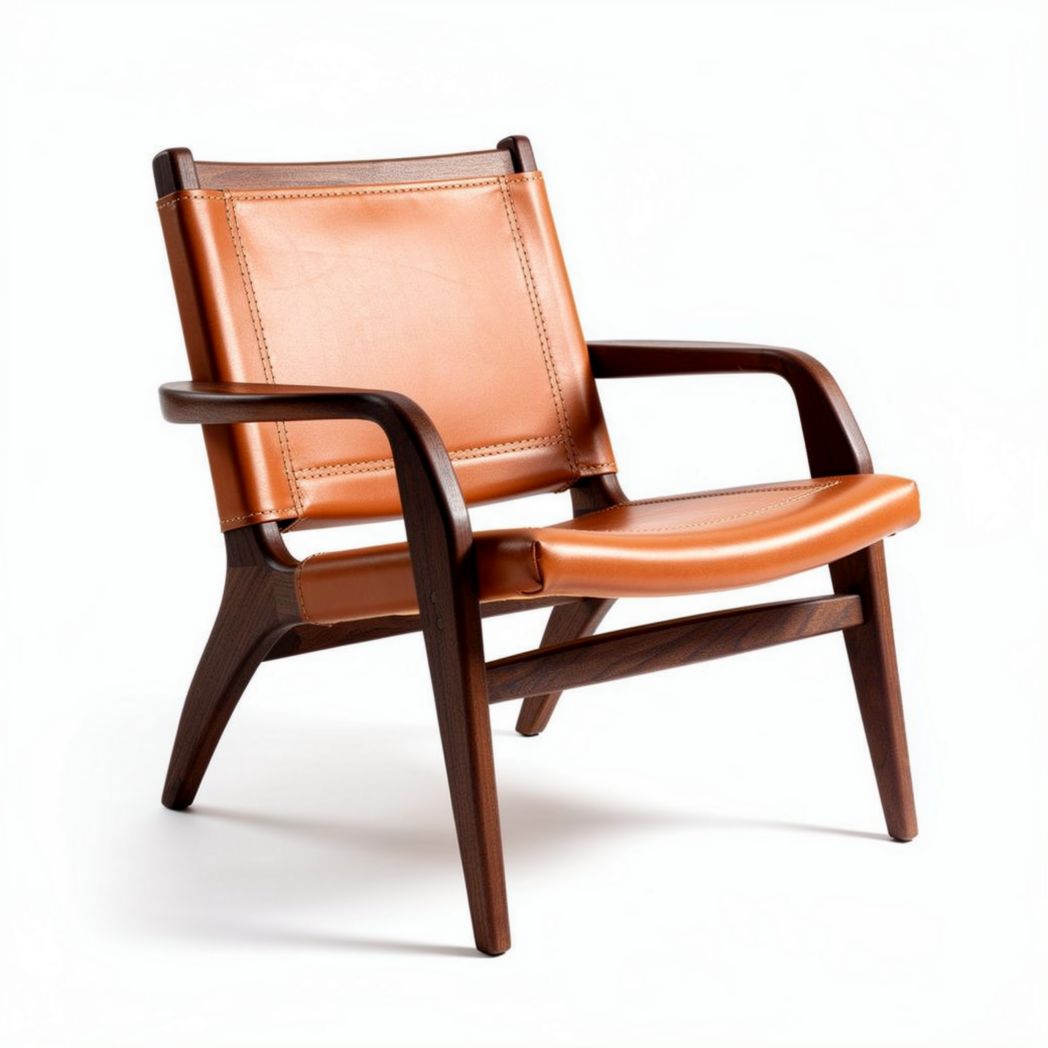 Leather mid-century modern lounge chair with walnut frame and tan cushion