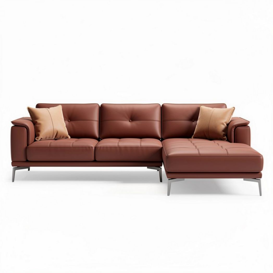 Brown leather sectional sofa with pillows for living room dimensions 230 x 90 x 85cm
