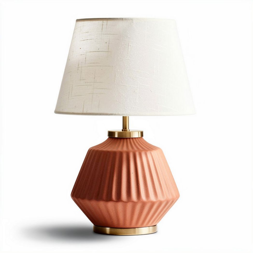 Ceramic table lamp with white fabric shade and geometric design 30 x 25 x 50cm