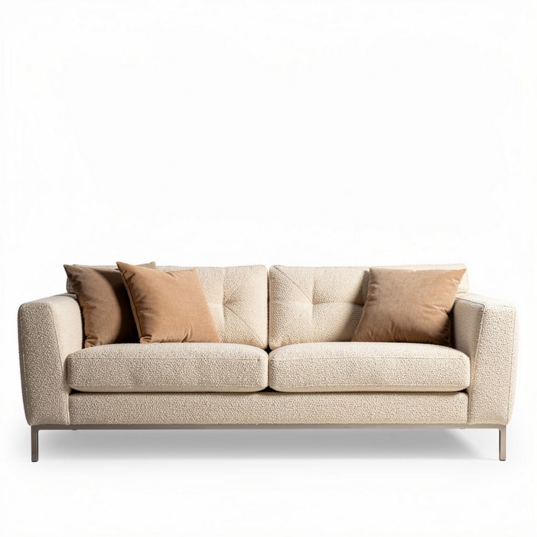 Textured beige fabric sofa with four cushions for living room use 210 x 90 x 85cm