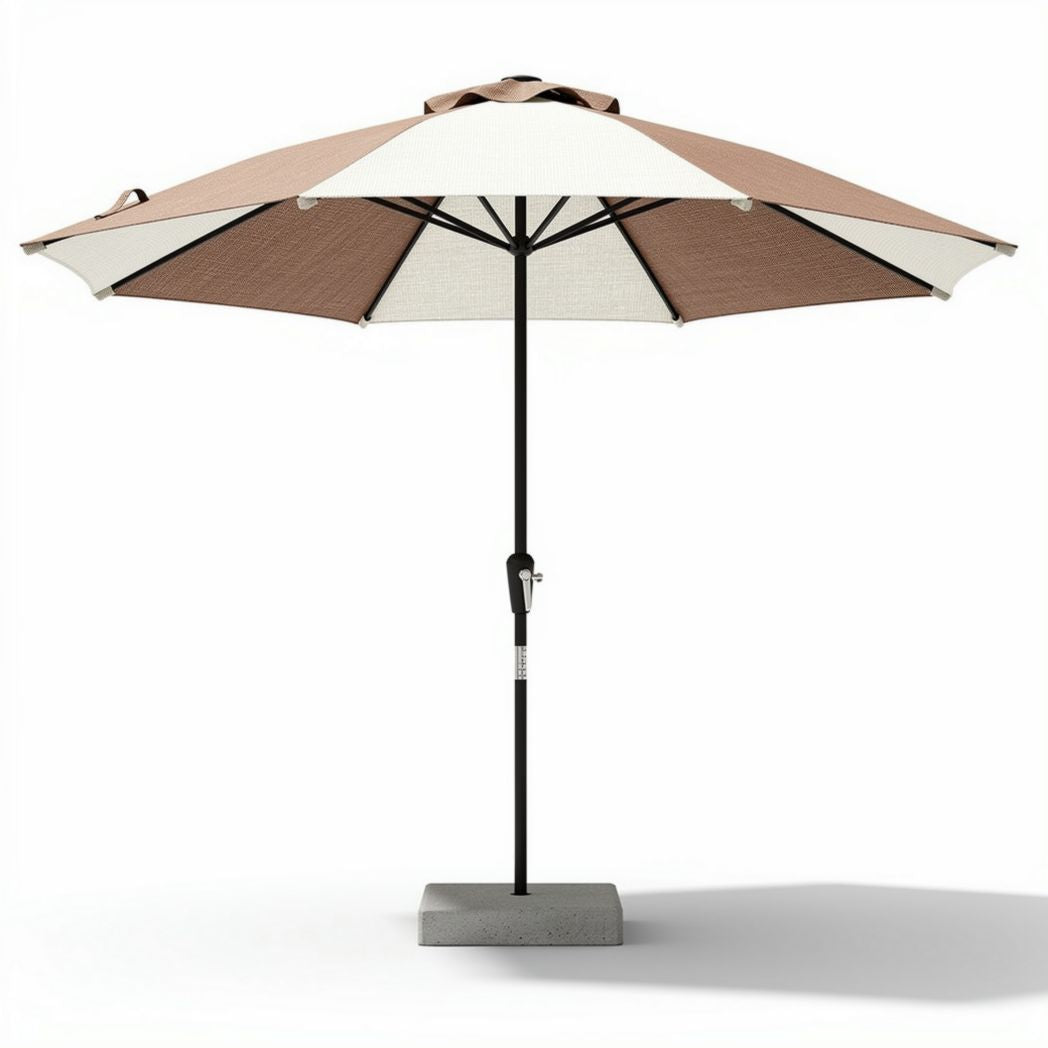 Brown and white patio umbrella with steel frame and concrete base 200 x 200 x 250cm