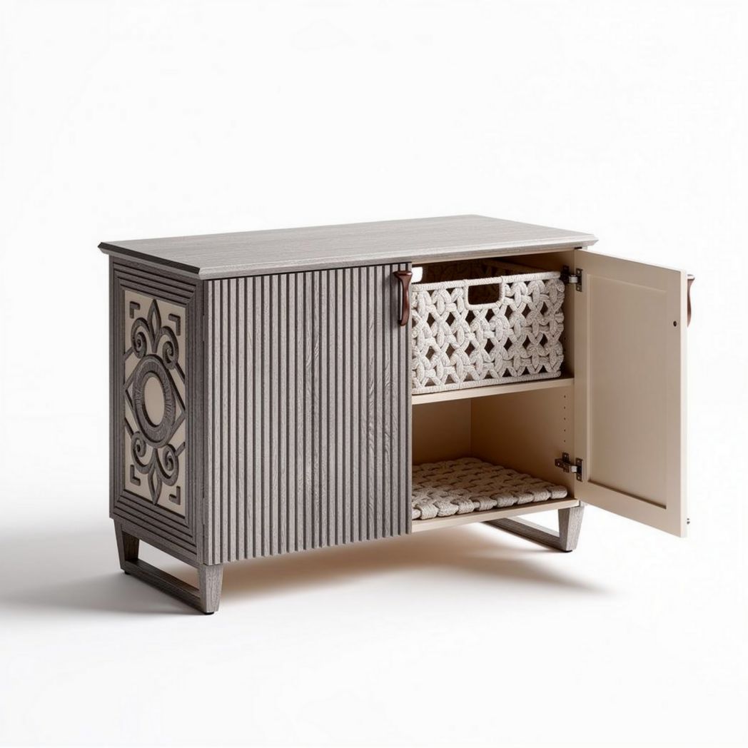 Wooden storage cabinet with woven basket and decorative panel 100 x 40 x 70cm