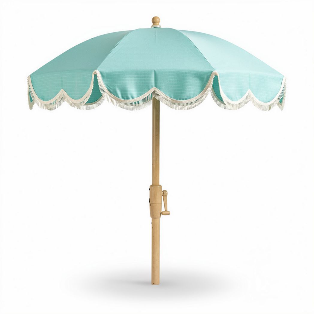 Beach umbrella with fringe design in teal color and wooden pole 160 x 160 x 250cm