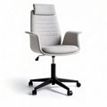 Gray fabric ergonomic office chair with adjustable height and rolling wheels