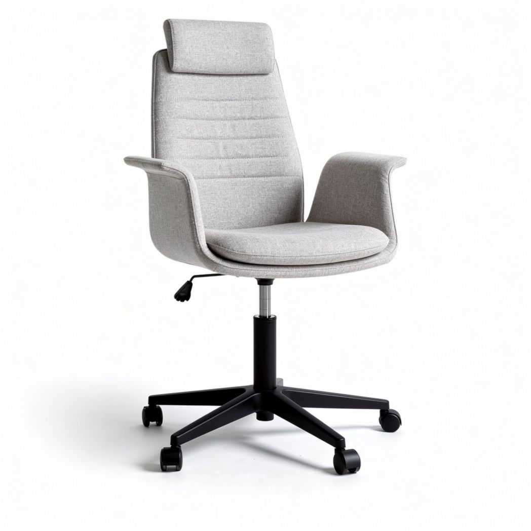 Gray fabric ergonomic office chair with adjustable height and rolling wheels